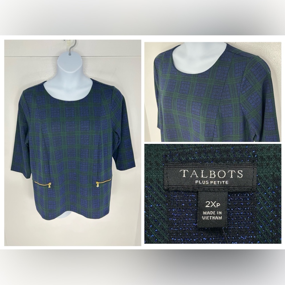 Talbots NWT Jacquard Top Black Watch Plaid Size 2XP Petite 3/4 Sleeve Office NEW